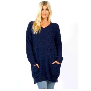 NEW Zenana OVERSIZED Navy Blue V neck Tunic Popcorn Sweater w Pockets